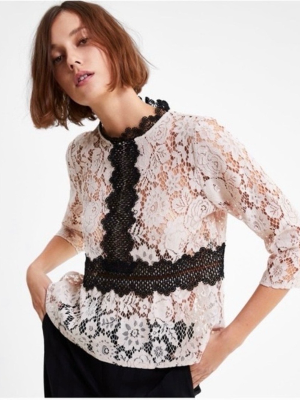 NWT - Zara Beige & Black Contrast Trim Lace Peplum Top